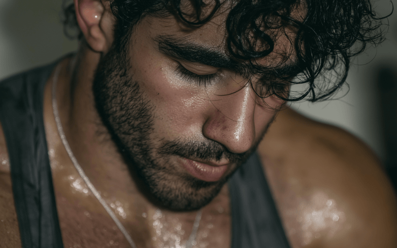 Person experiencing sweating and discomfort during opioid withdrawal