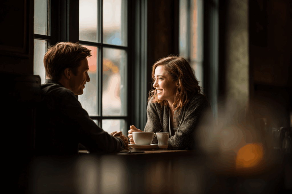 Couple having a calm, supportive conversation over coffee in a quiet cafe