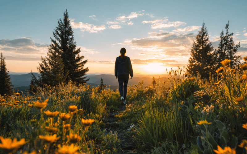 Person walking along a scenic path at sunset, symbolizing hope and forward movement in the recovery journey