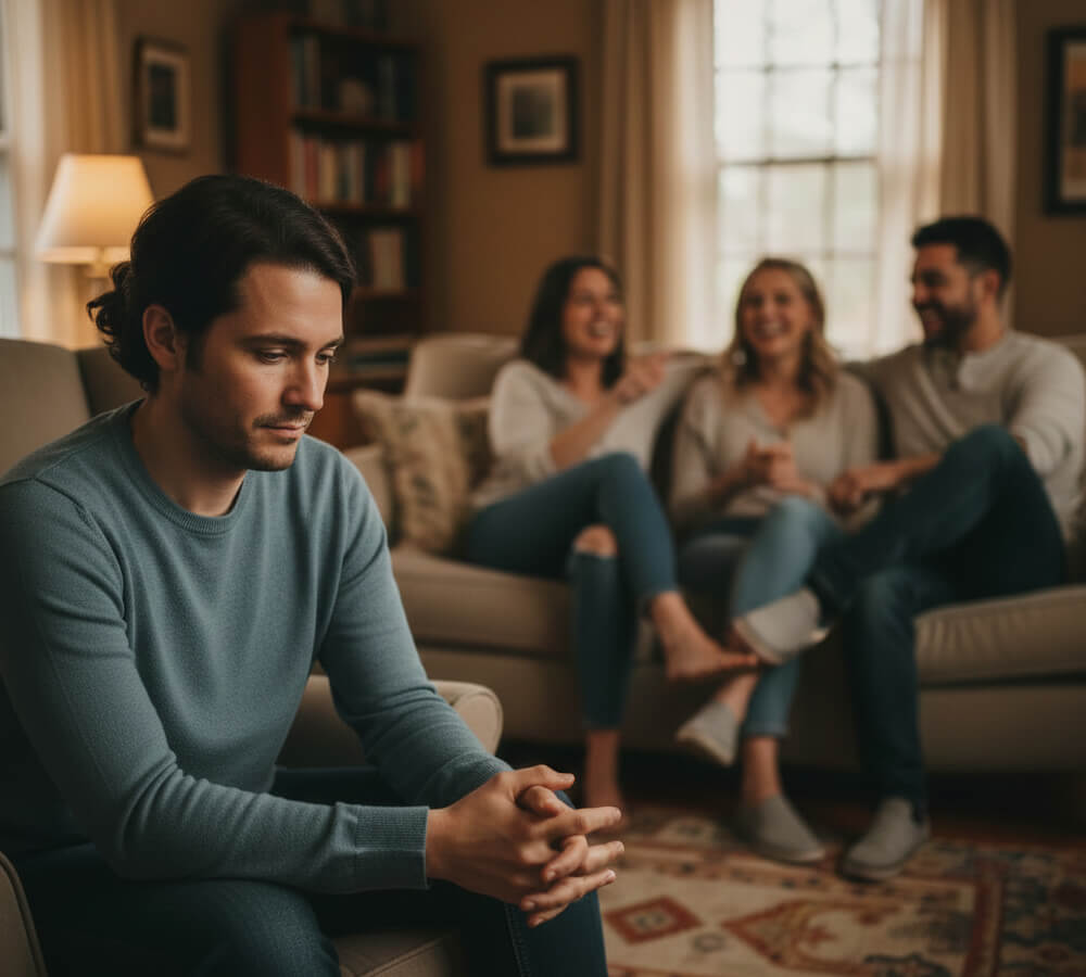 Adult sitting slightly apart from a small casual gathering in a living room