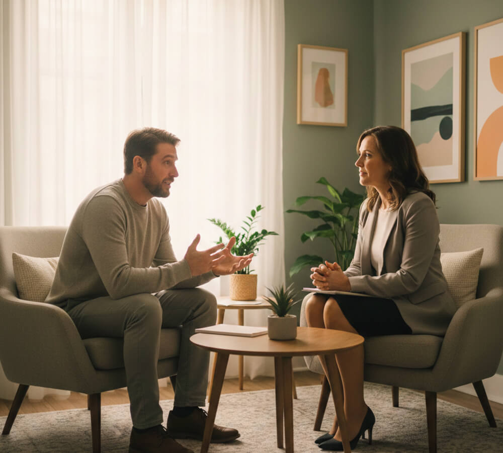 Therapist and adult client engaged in a focused conversation