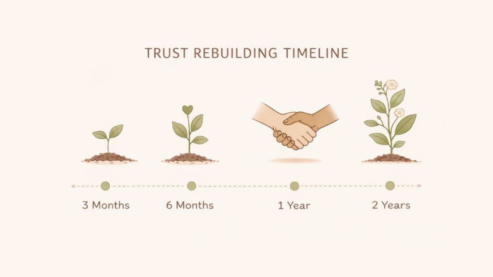 Timeline showing gradual rebuilding of trust after addiction over months and years