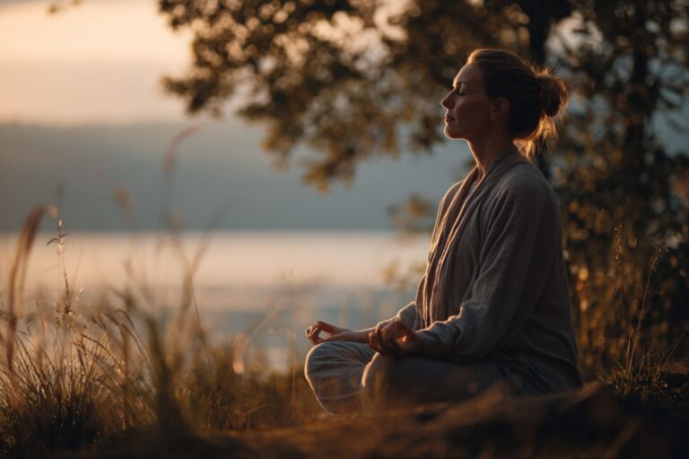 Person practicing mindful meditation in peaceful natural setting for chronic pain recovery