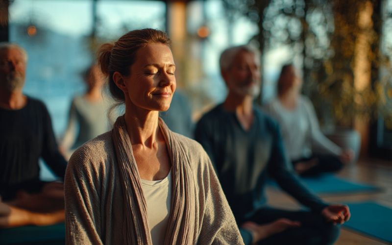 Group of adults practicing gentle yoga or movement therapy in supportive recovery setting