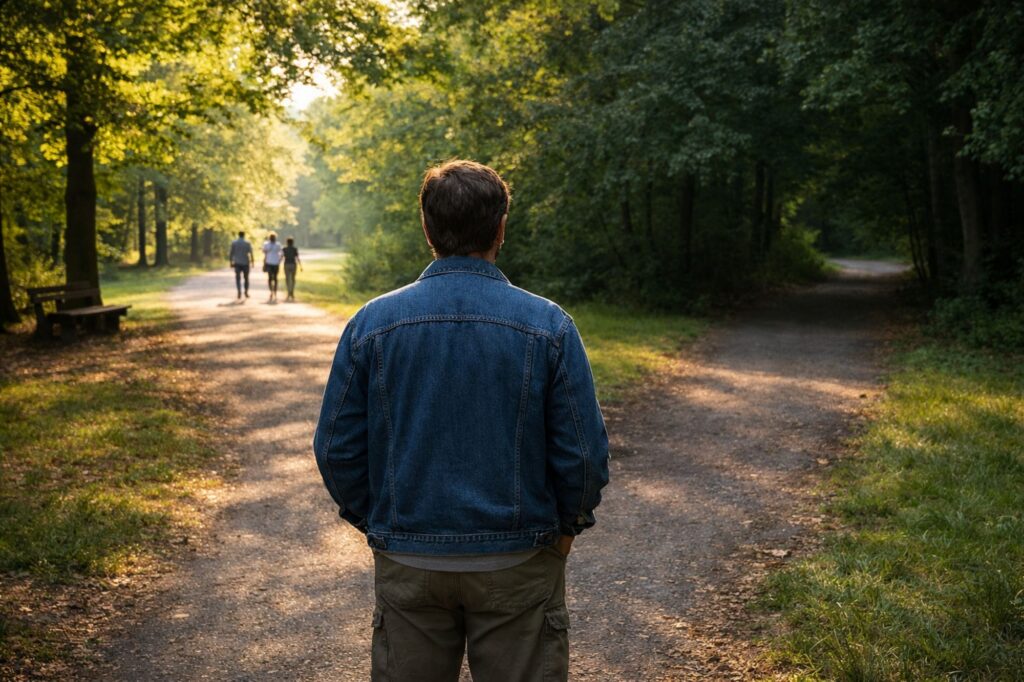 Person reflecting on healthy versus unhealthy friendships during addiction recovery