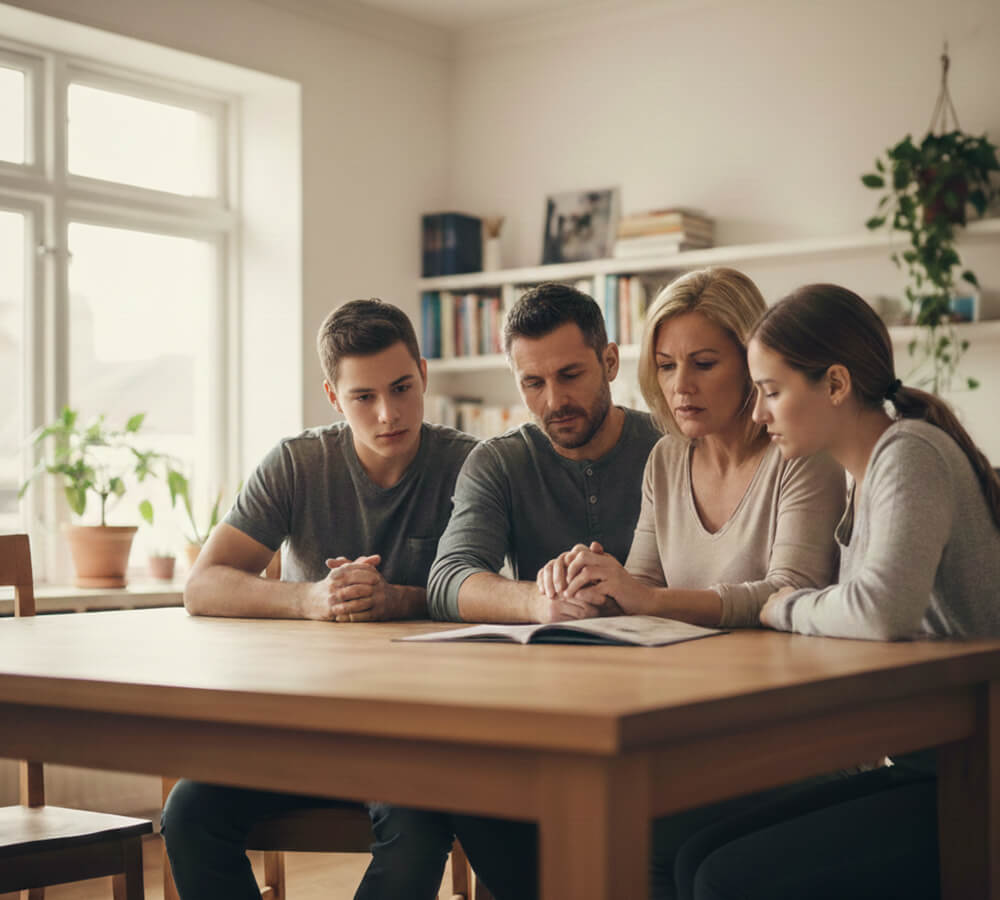 Family discussing treatment options for loved one with addiction at home