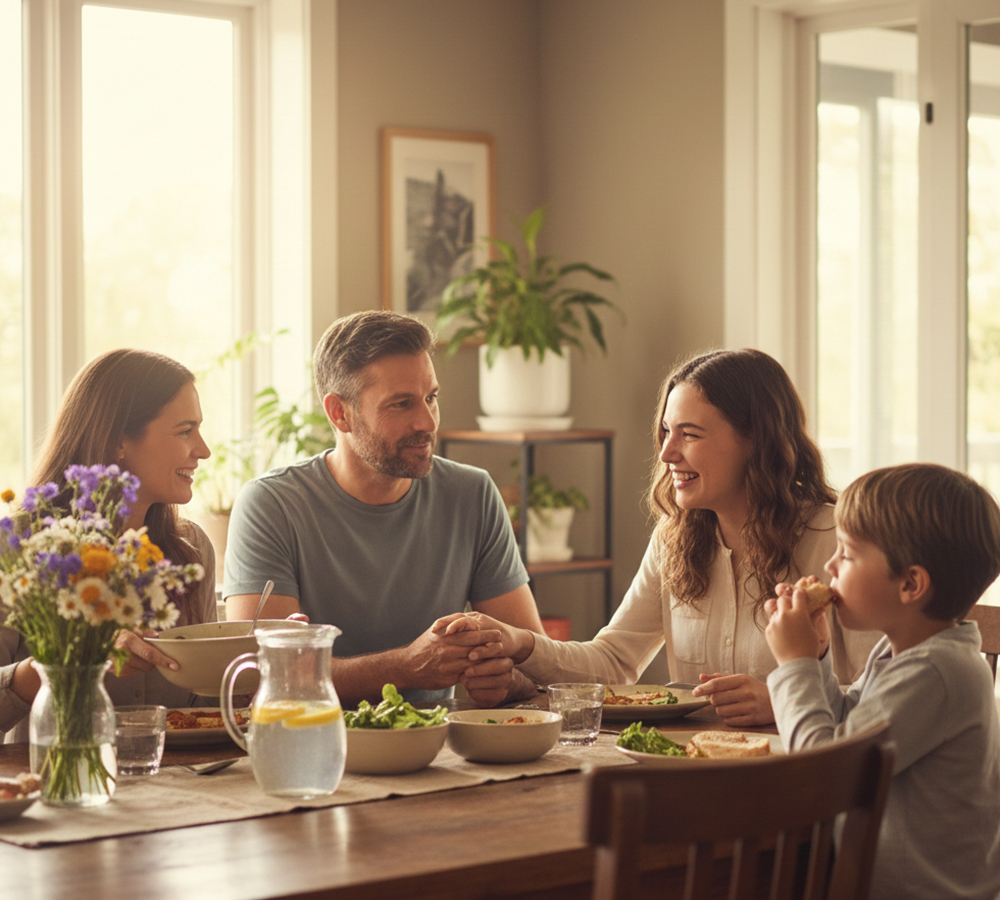 Family sharing meal reconnecting after addiction treatment