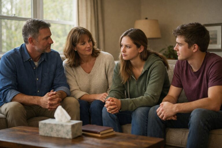 New Hampshire family sitting together in a calm living room discussing addiction recovery support
