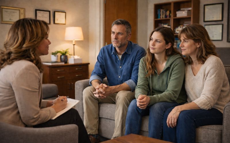 Family participating in addiction-focused family therapy session in New Hampshire