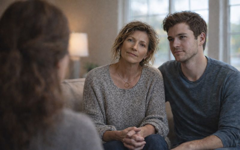 Parent and adult son sitting together in a calm home setting, reflecting support and readiness for addiction recovery