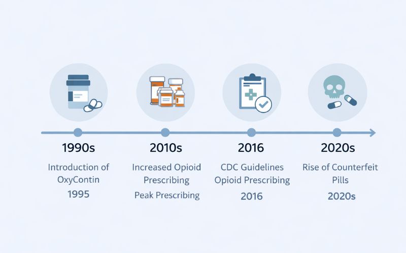 Timeline showing rise in prescription drug misuse in the United States