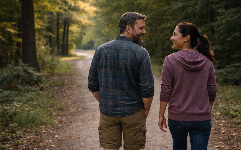 Two friends in recovery walking outdoors and offering emotional support