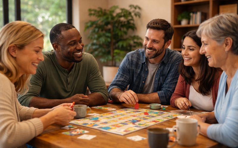Small group of adults in recovery connecting during a sober group activity