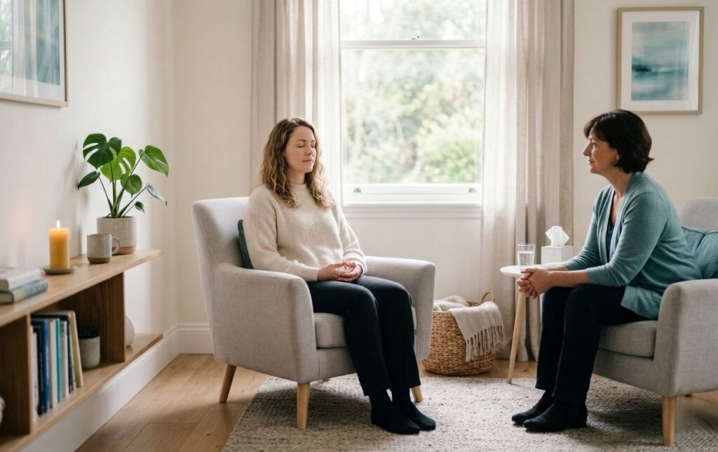 Person practicing mindfulness meditation during ACT therapy session at Heartfelt Recovery Centers