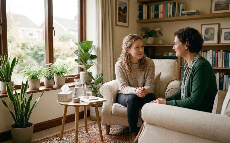 Compassionate counseling session discussing alcohol use concerns and treatment options in New Hampshire