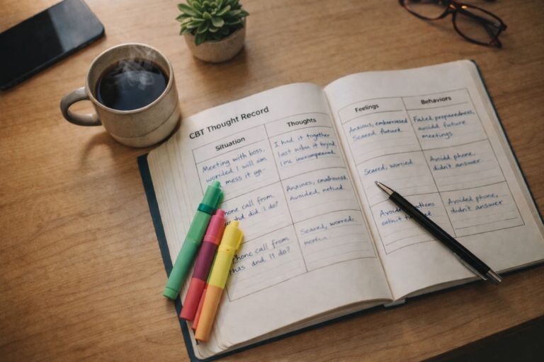 CBT therapy workbook and journal on desk showing evidence-based addiction counseling techniques