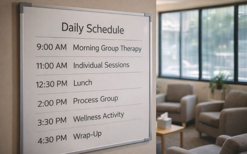 Daily schedule board showing structured addiction treatment activities and therapy sessions at New Hampshire center