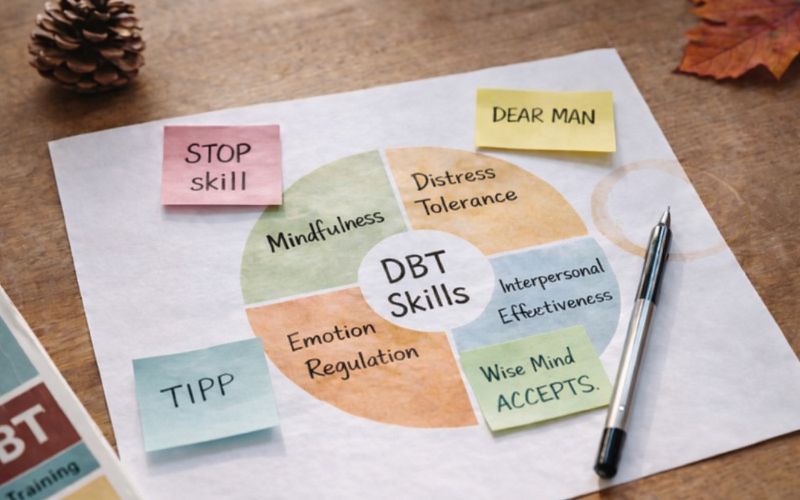 DBT skills wheel showing mindfulness, distress tolerance, emotion regulation for addiction treatment