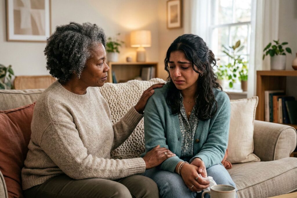 Two people sitting together on a couch in supportive conversation about addiction, with natural lighting creating a warm, safe atmosphere for discussing recovery options