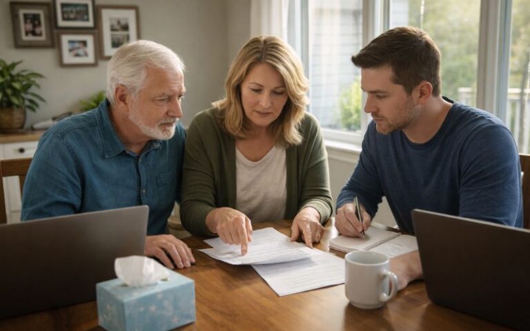 Family members reviewing recovery resources and treatment options together at home in supportive environment