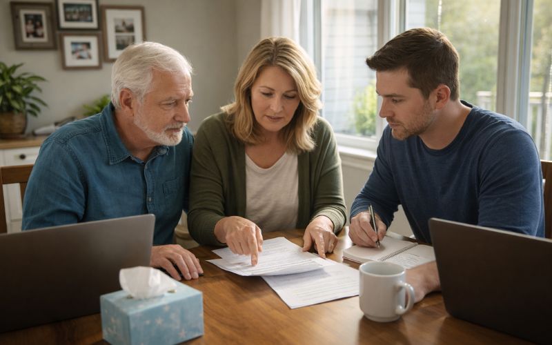 Family members reviewing recovery resources and treatment options together at home in supportive environment