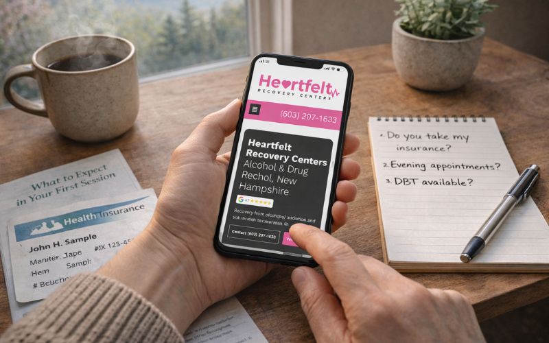 Person making first call to addiction counseling center in New Hampshire with supportive resources