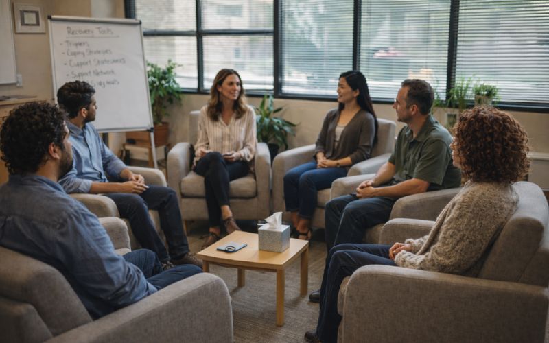 Diverse group therapy session at addiction treatment center with participants sharing experiences in supportive environment