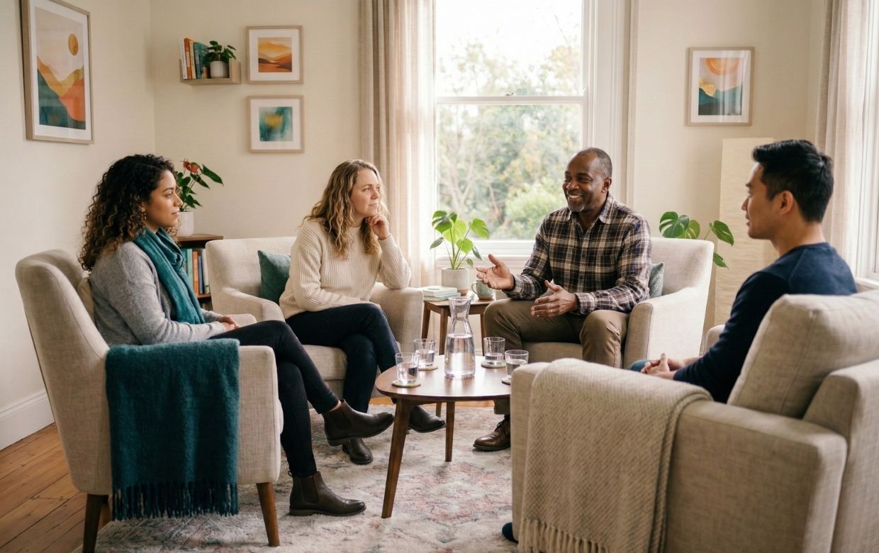 Group therapy session incorporating ACT principles at New Hampshire outpatient treatment center