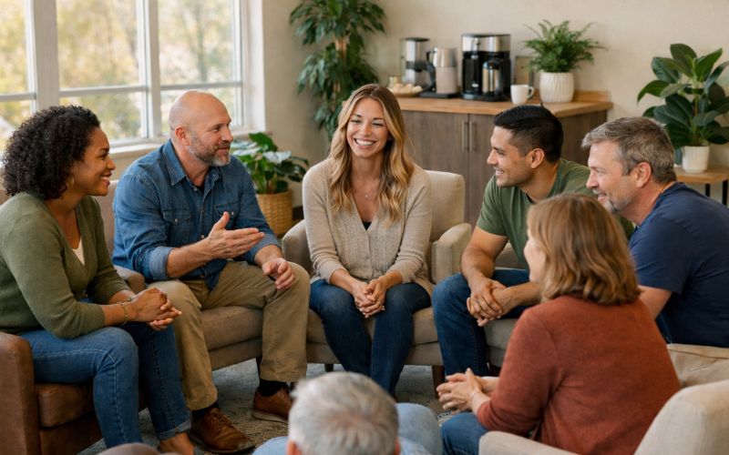 Diverse group therapy session for opioid addiction treatment at New Hampshire recovery center with participants in supportive discussion