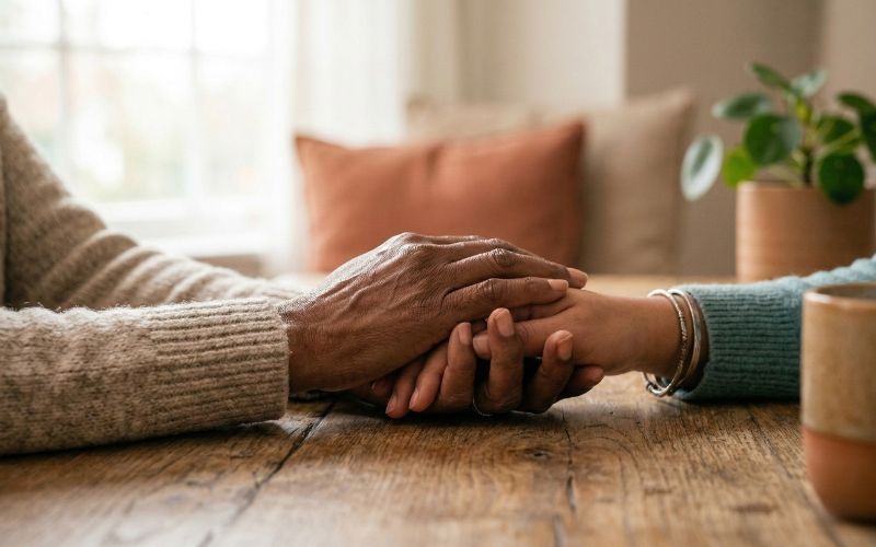 Close-up of hands clasped together across a table representing trust and solidarity between family members discussing drug addiction treatment options