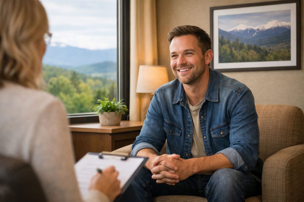 Person looking hopeful while speaking with compassionate addiction counselor in New Hampshire treatment center