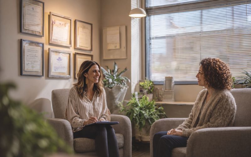 Compassionate intake counselor conducting confidential assessment with patient at New Hampshire treatment center