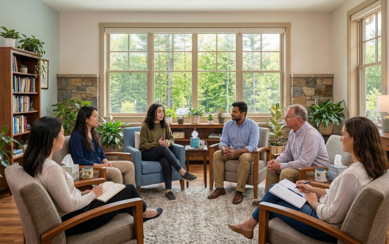 Supportive group therapy session for addiction recovery with diverse participants