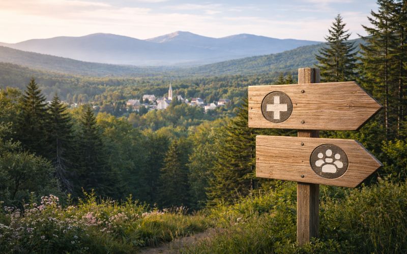 Wooden directional sign with medical and community symbols overlooking a small New Hampshire town at sunrise, representing local addiction treatment support
