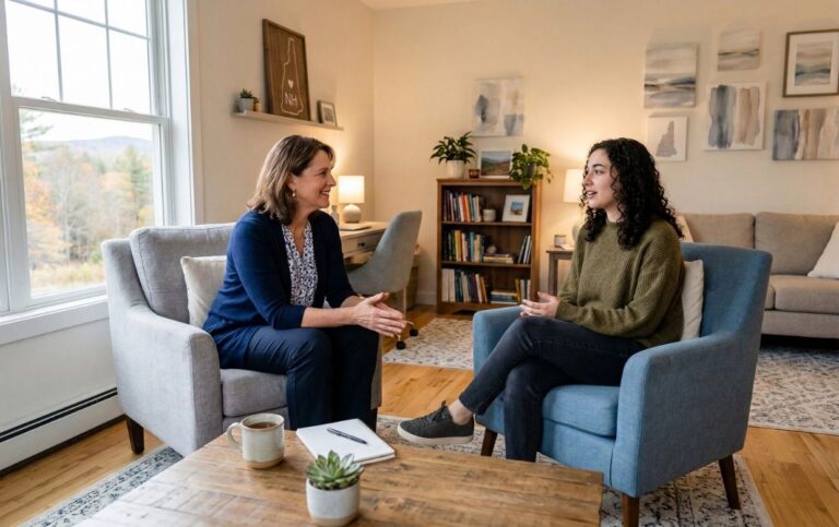 Professional counselor consulting with client in comfortable treatment setting in New Hampshire