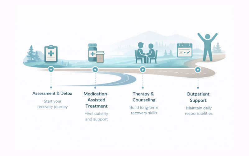 Visual pathway showing stages of heroin addiction recovery from assessment through long-term wellness