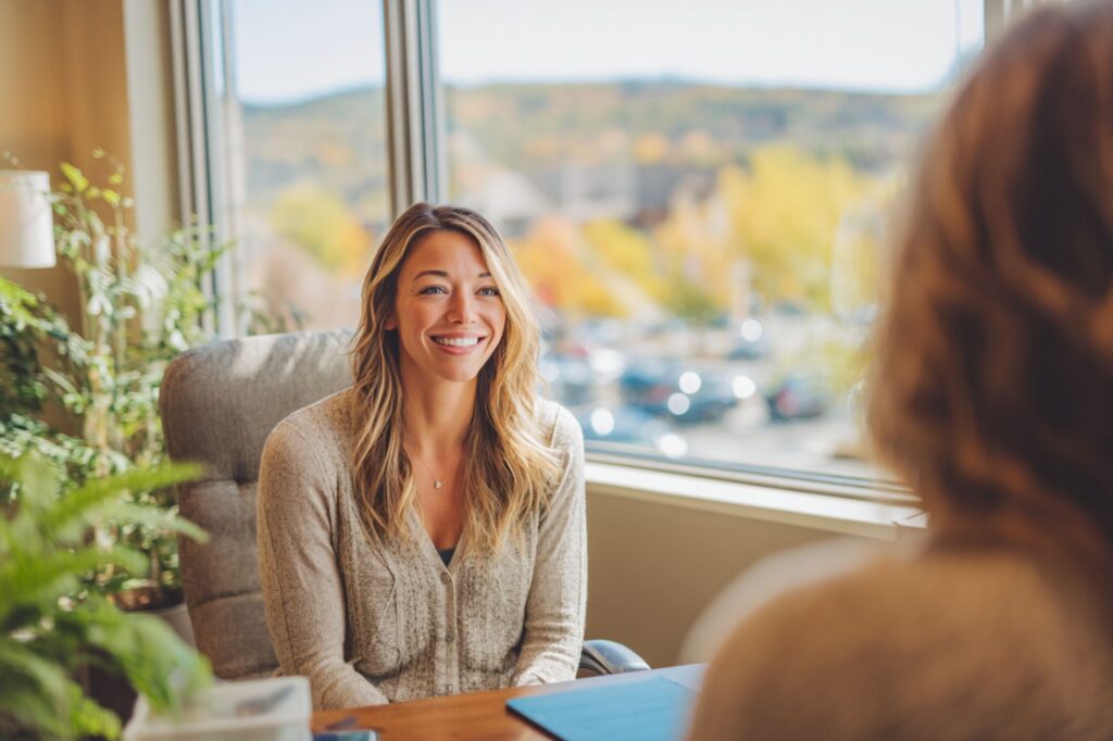Compassionate counselor meeting with client seeking opioid addiction treatment in modern New Hampshire recovery center