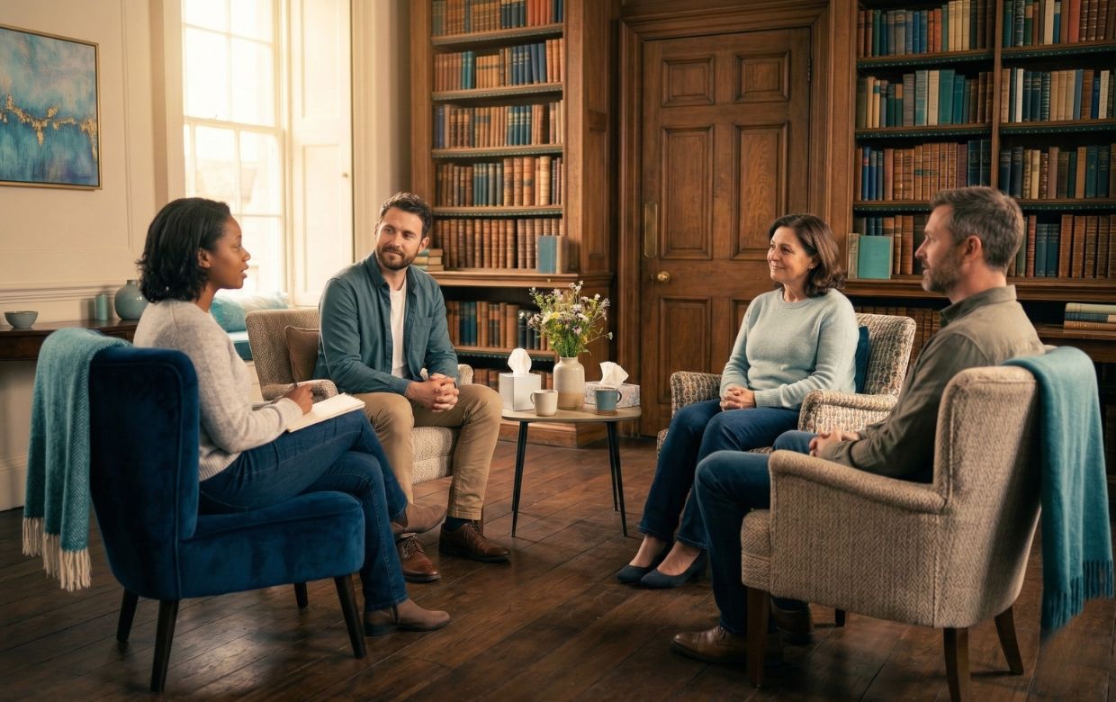 Small group therapy session at outpatient treatment center showing supportive environment