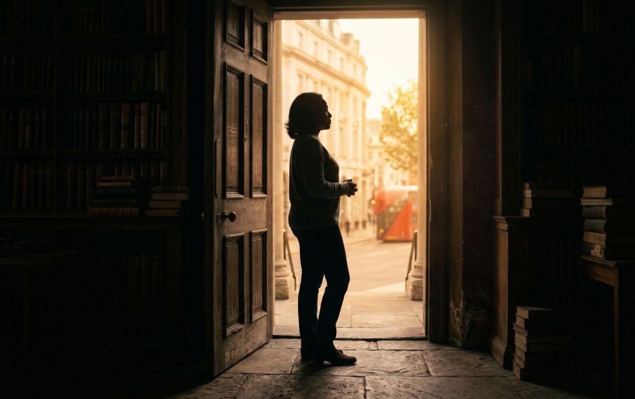 Person looking toward bright light through doorway symbolizing hope and recovery from addiction