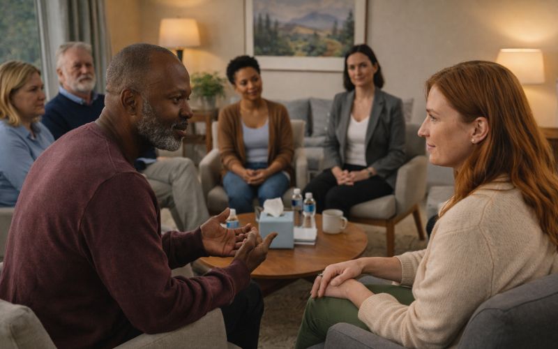 Group therapy participants in New Hampshire sharing experiences and building peer support during addiction recovery session