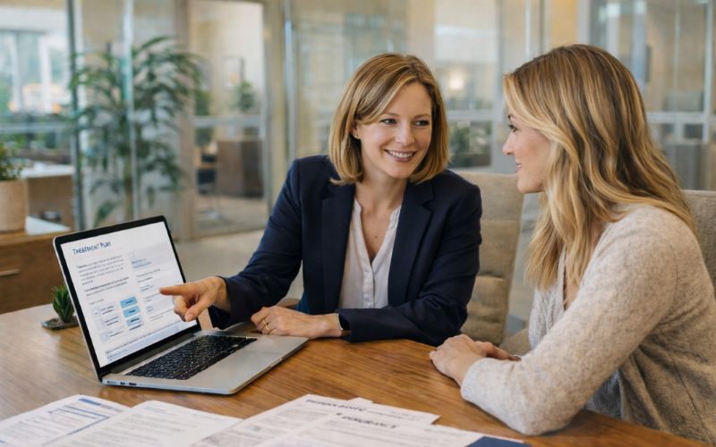 Treatment coordinator reviewing personalized opioid addiction treatment plan with patient at Heartfelt Recovery Centers in New Hampshire