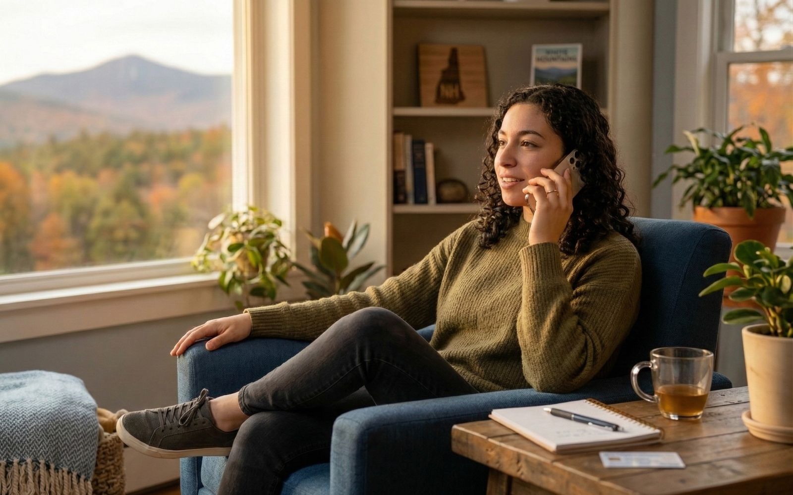 Hopeful individual on phone scheduling treatment consultation with supportive background