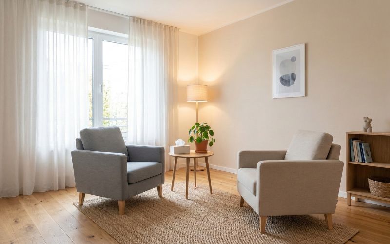 Peaceful therapy room with comfortable chairs and natural lighting representing safe space for addiction counseling and family therapy sessions 