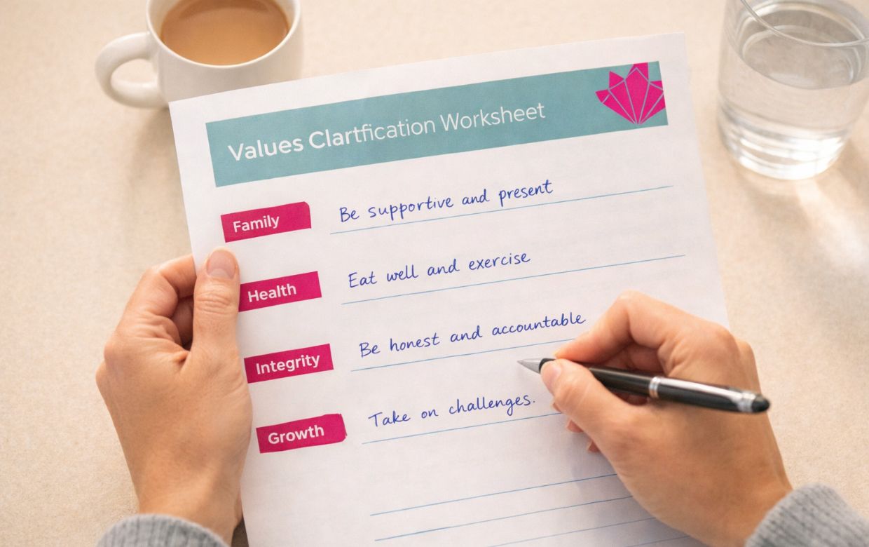 Values clarification exercise worksheet used in ACT therapy for addiction recovery