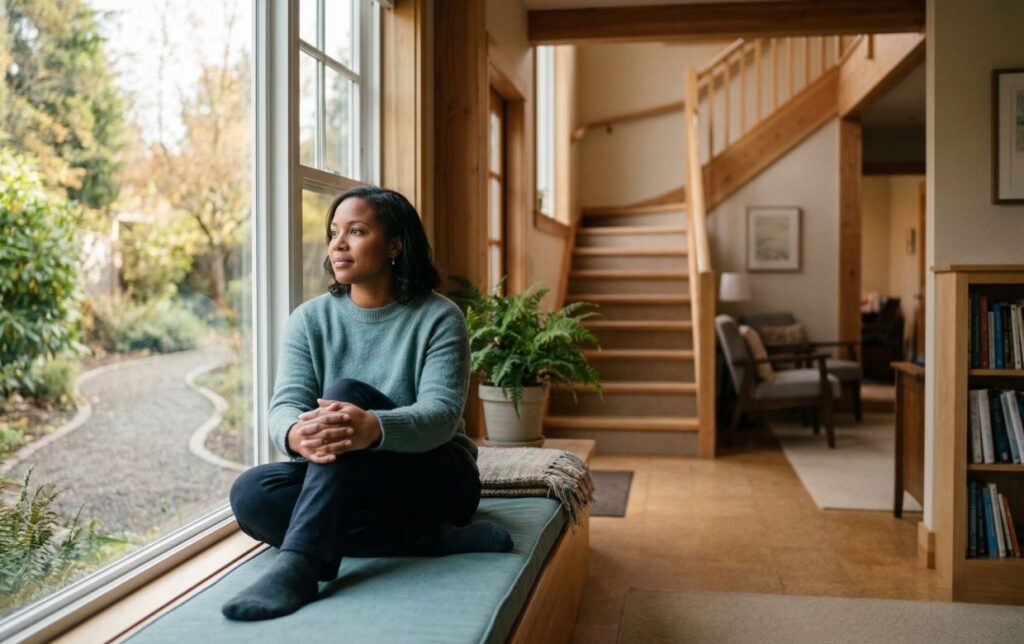 Woman sitting thoughtfully by a window in a calm home setting, reflecting on her recovery journey and the stages of substance use disorder.