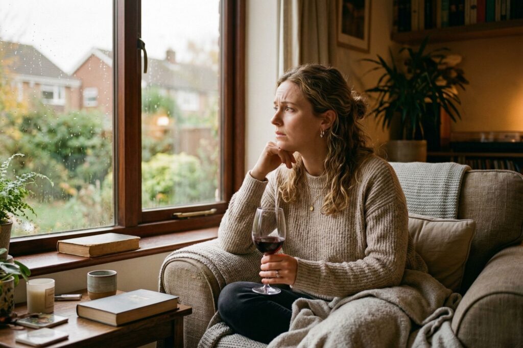 Person in New Hampshire contemplating their relationship with alcohol and seeking help for potential alcohol use disorder