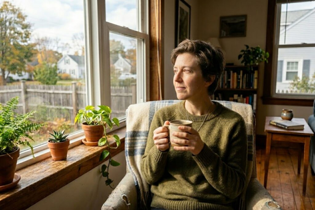 Person sitting peacefully near a window with morning light, representing hope and the beginning of a brain recovery journey from addiction