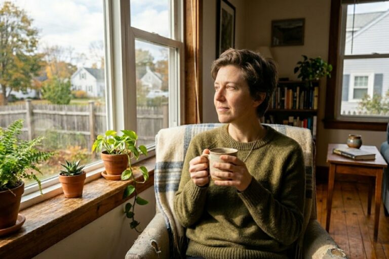 Person sitting peacefully near a window with morning light, representing hope and the beginning of a brain recovery journey from addiction