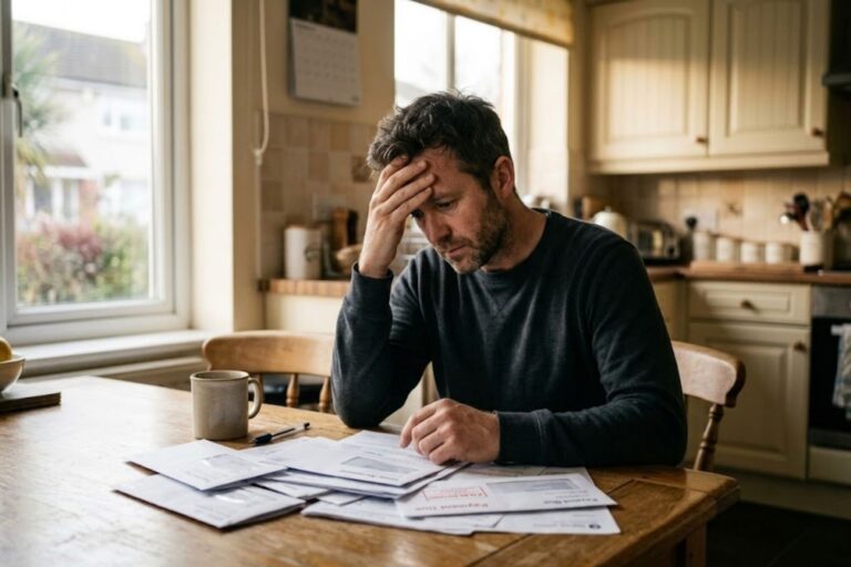 A concerned family member sitting at a kitchen table, looking worried while reviewing bills, symbolizing the hidden financial strain of cocaine addiction.