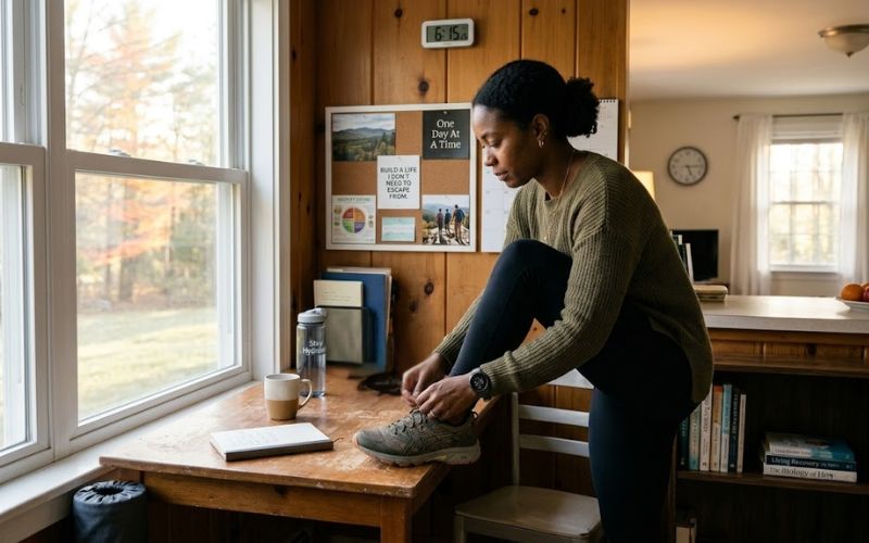 Person maintaining daily recovery routine with healthy habits and structure for lasting sobriety